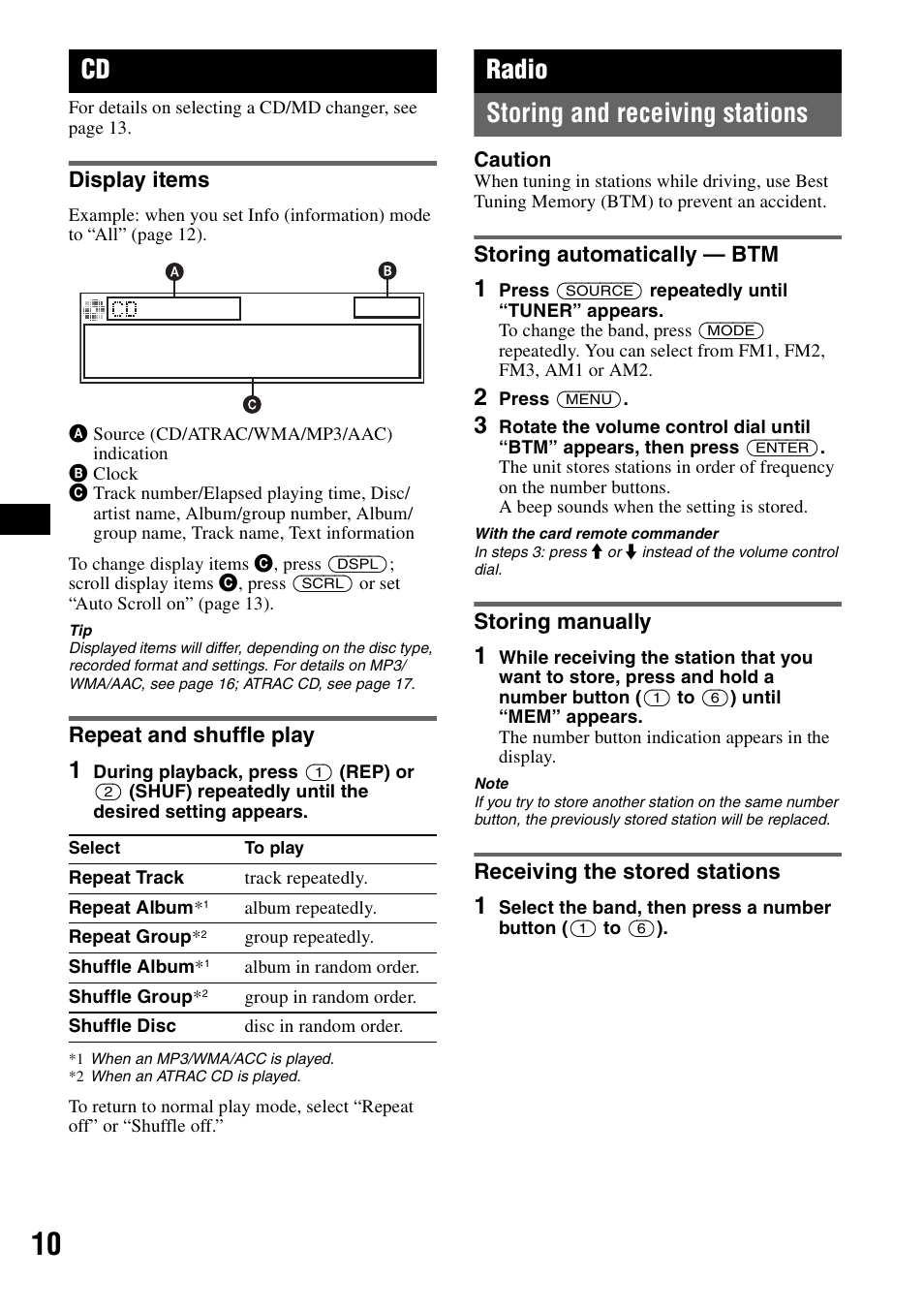 Display items, Repeat and shuffle play, Radio | Storing and receiving stations, Storing automatically - btm, Storing manually, Receiving the stored stations, Display items repeat and shuffle play, Ep 10, Radio storing and receiving stations | Sony CDX-GT71W User Manual | Page 10 / 44