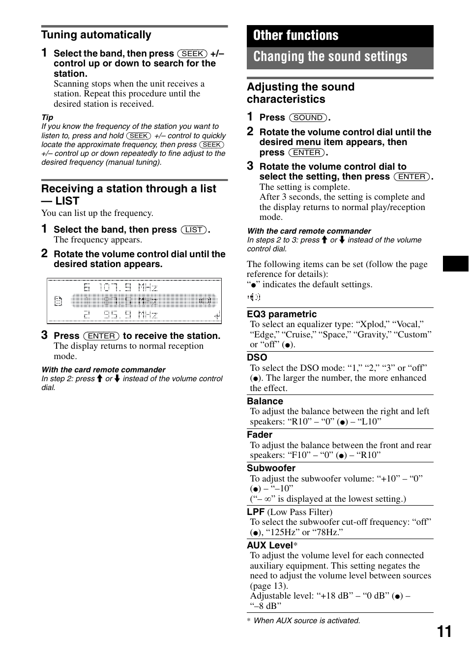 Tuning automatically, Receiving a station through a list - list, Other functions | Changing the sound settings, Adjusting the sound characteristics, Other functions changing the sound settings | Sony CDX-GT71W User Manual | Page 11 / 44