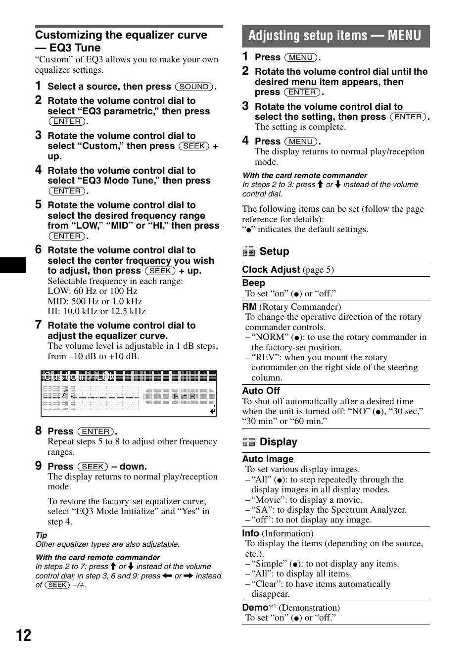 Customizing the equalizer curve - eq3 tune, Adjusting setup items - menu, Customizing the equalizer curve — eq3 tune | Adjusting setup items — menu | Sony CDX-GT71W User Manual | Page 12 / 44