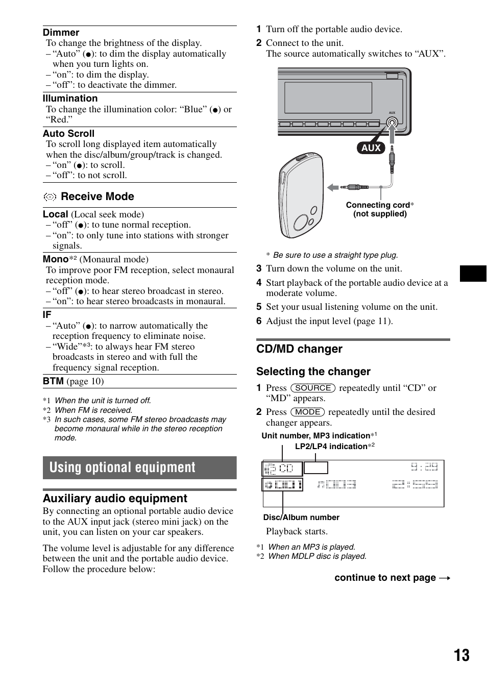 Using optional equipment, Auxiliary audio equipment, Cd/md changer | Auxiliary audio equipment cd/md changer | Sony CDX-GT71W User Manual | Page 13 / 44