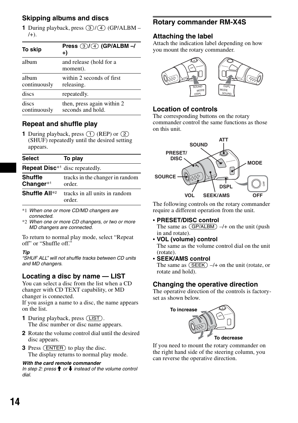 Rotary commander rm-x4s, Skipping albums and discs, Repeat and shuffle play | Locating a disc by name — list, Attaching the label, Location of controls, Changing the operative direction | Sony CDX-GT71W User Manual | Page 14 / 44