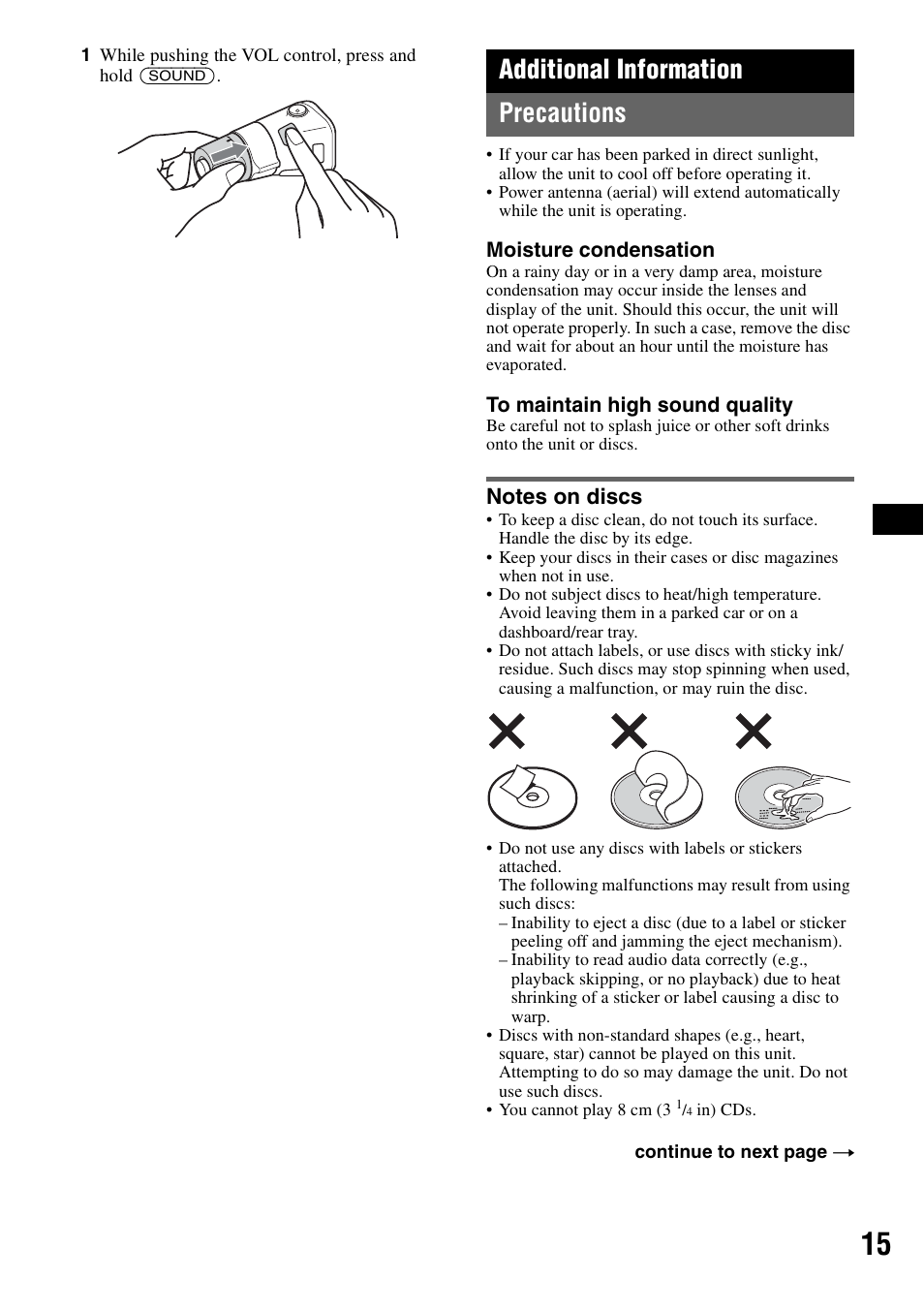 Additional information, Precautions, Notes on discs | Additional information precautions | Sony CDX-GT71W User Manual | Page 15 / 44