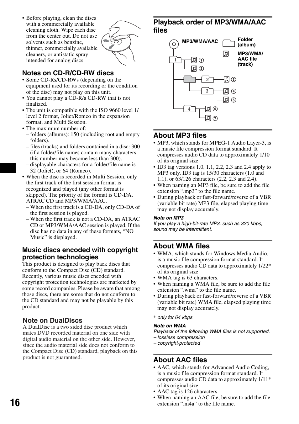 Playback order of mp3/wma/aac files, About mp3 files, About wma files | About aac files | Sony CDX-GT71W User Manual | Page 16 / 44