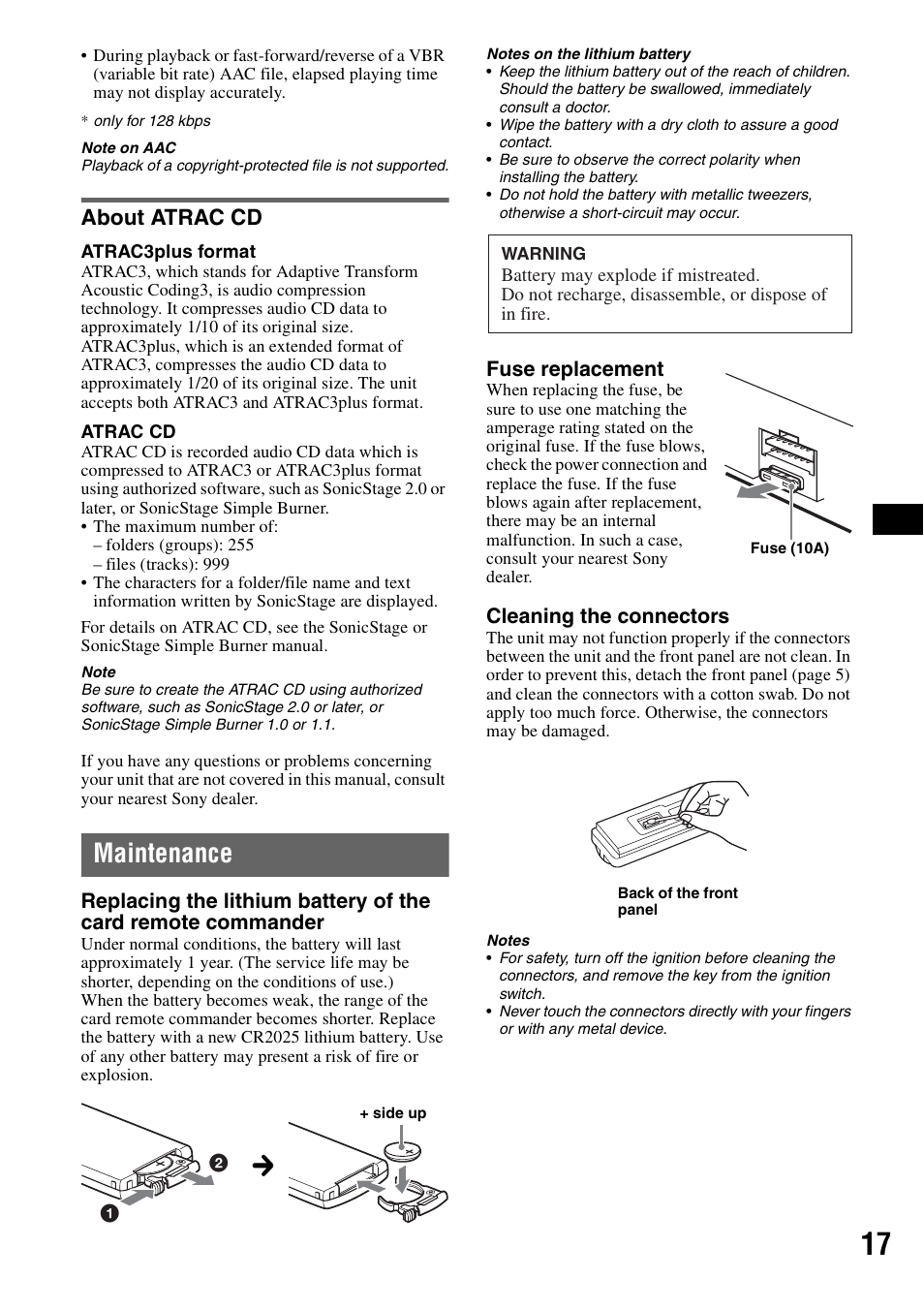 About atrac cd, Maintenance | Sony CDX-GT71W User Manual | Page 17 / 44