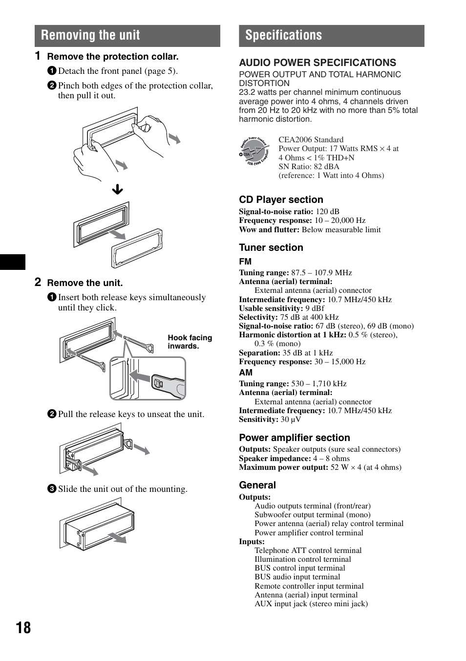 Removing the unit, Specifications, Removing the unit specifications | Sony CDX-GT71W User Manual | Page 18 / 44