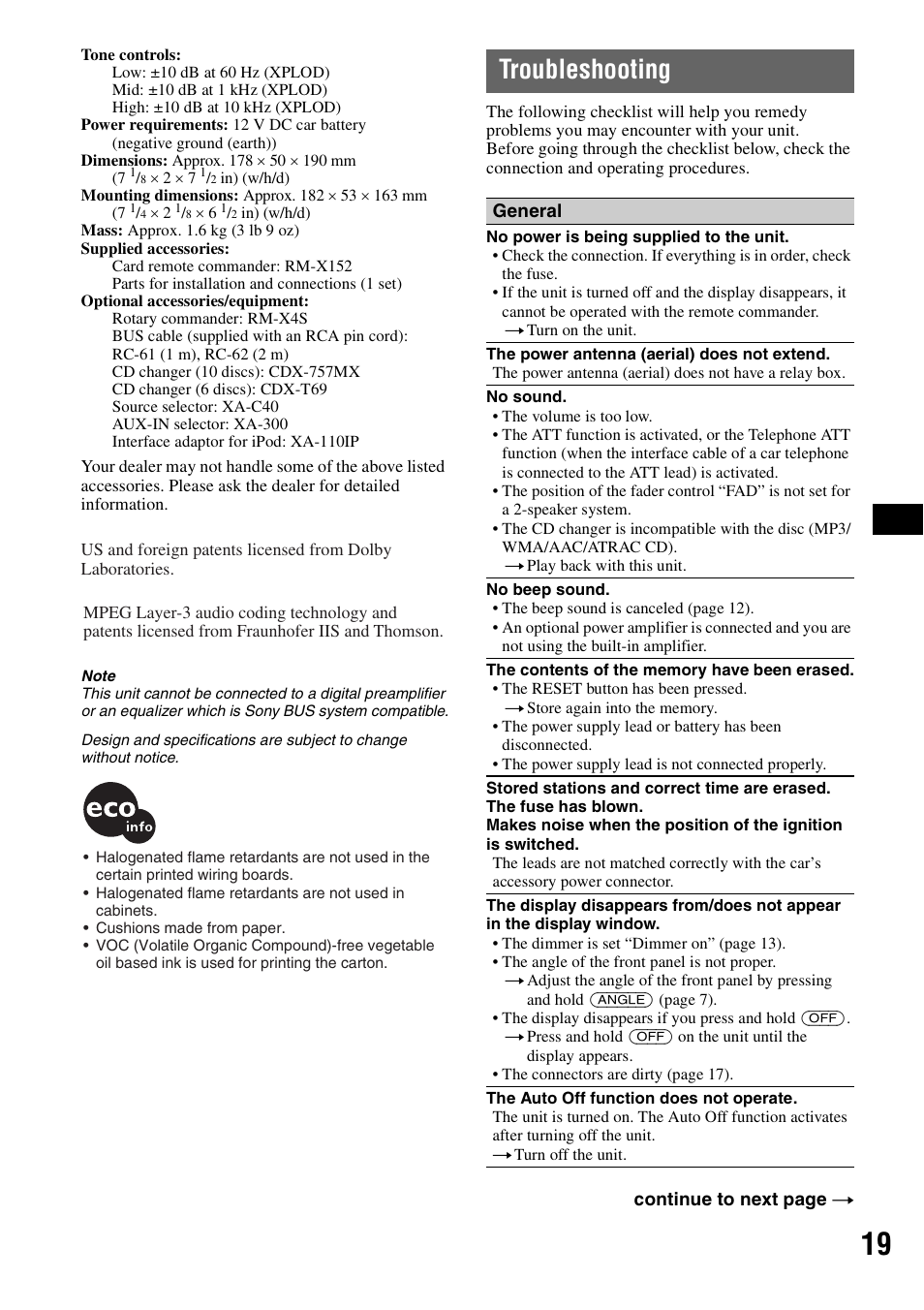 Troubleshooting | Sony CDX-GT71W User Manual | Page 19 / 44