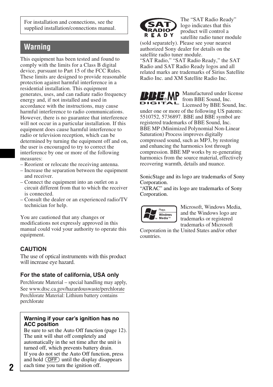 Warning | Sony CDX-GT71W User Manual | Page 2 / 44