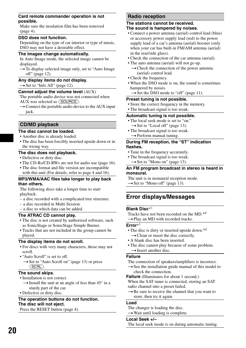 Error displays/messages | Sony CDX-GT71W User Manual | Page 20 / 44