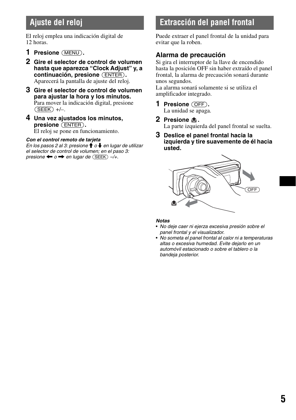 Ajuste del reloj, Extracción del panel frontal, Ajuste del reloj extracción del panel frontal | Sony CDX-GT71W User Manual | Page 25 / 44