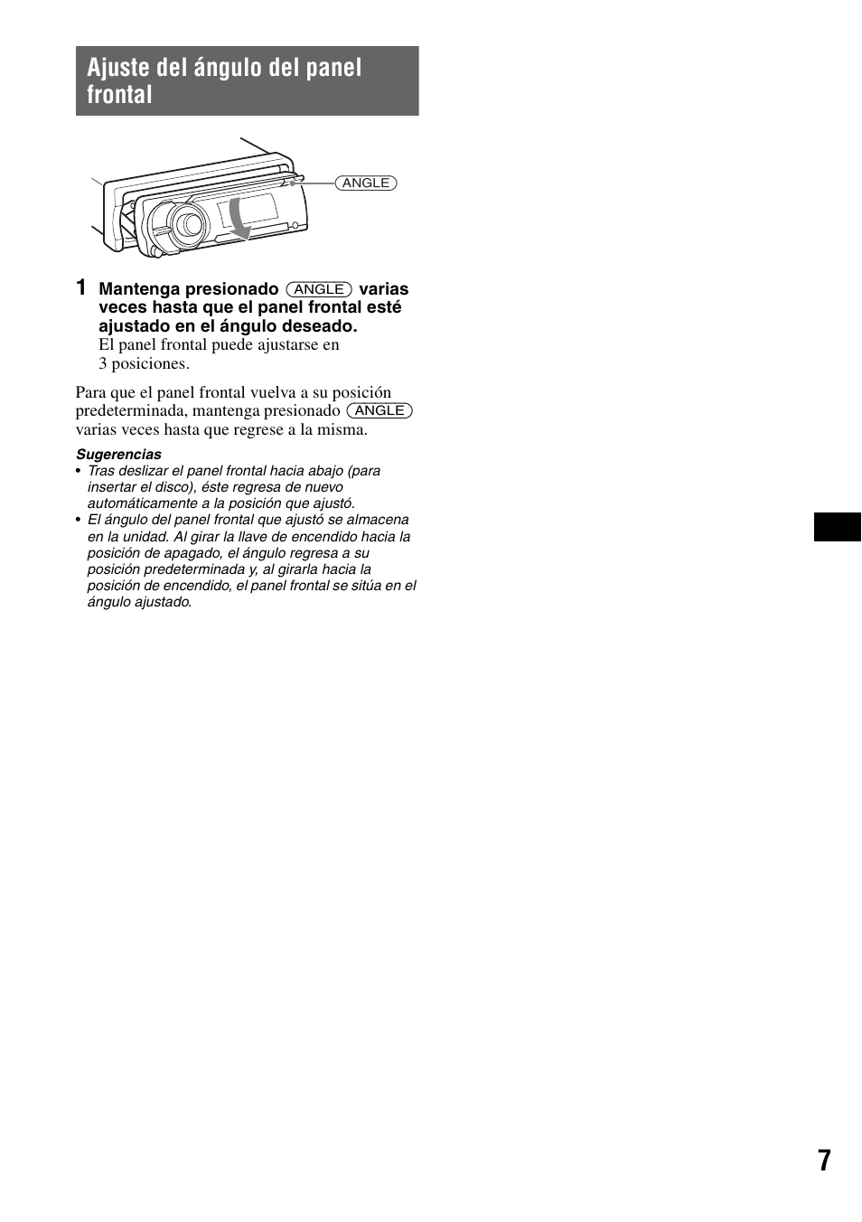 Ajuste del ángulo del panel frontal | Sony CDX-GT71W User Manual | Page 27 / 44