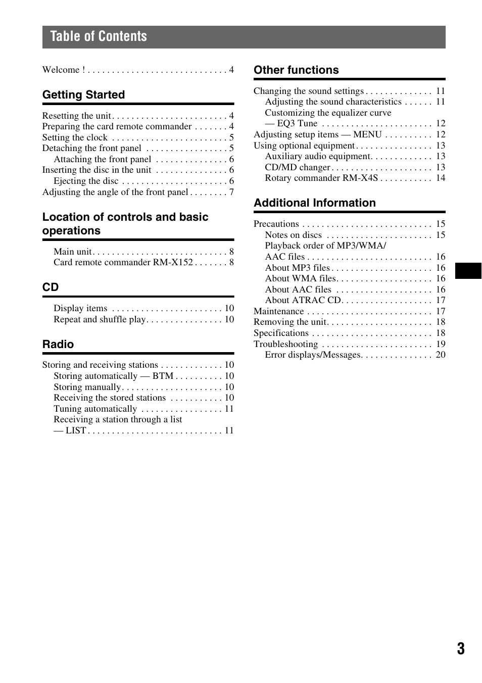 Sony CDX-GT71W User Manual | Page 3 / 44