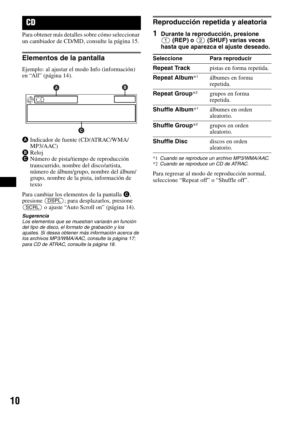 Elementos de la pantalla, Reproducción repetida y aleatoria, Ep 10 | Sony CDX-GT71W User Manual | Page 30 / 44