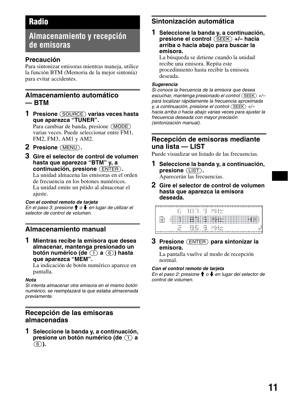 Radio, Almacenamiento y recepción de emisoras, Almacenamiento automático - btm | Almacenamiento manual, Recepción de las emisoras almacenadas, Sintonización automática, Recepción de emisoras mediante una lista - list, Radio almacenamiento y recepción de emisoras | Sony CDX-GT71W User Manual | Page 31 / 44