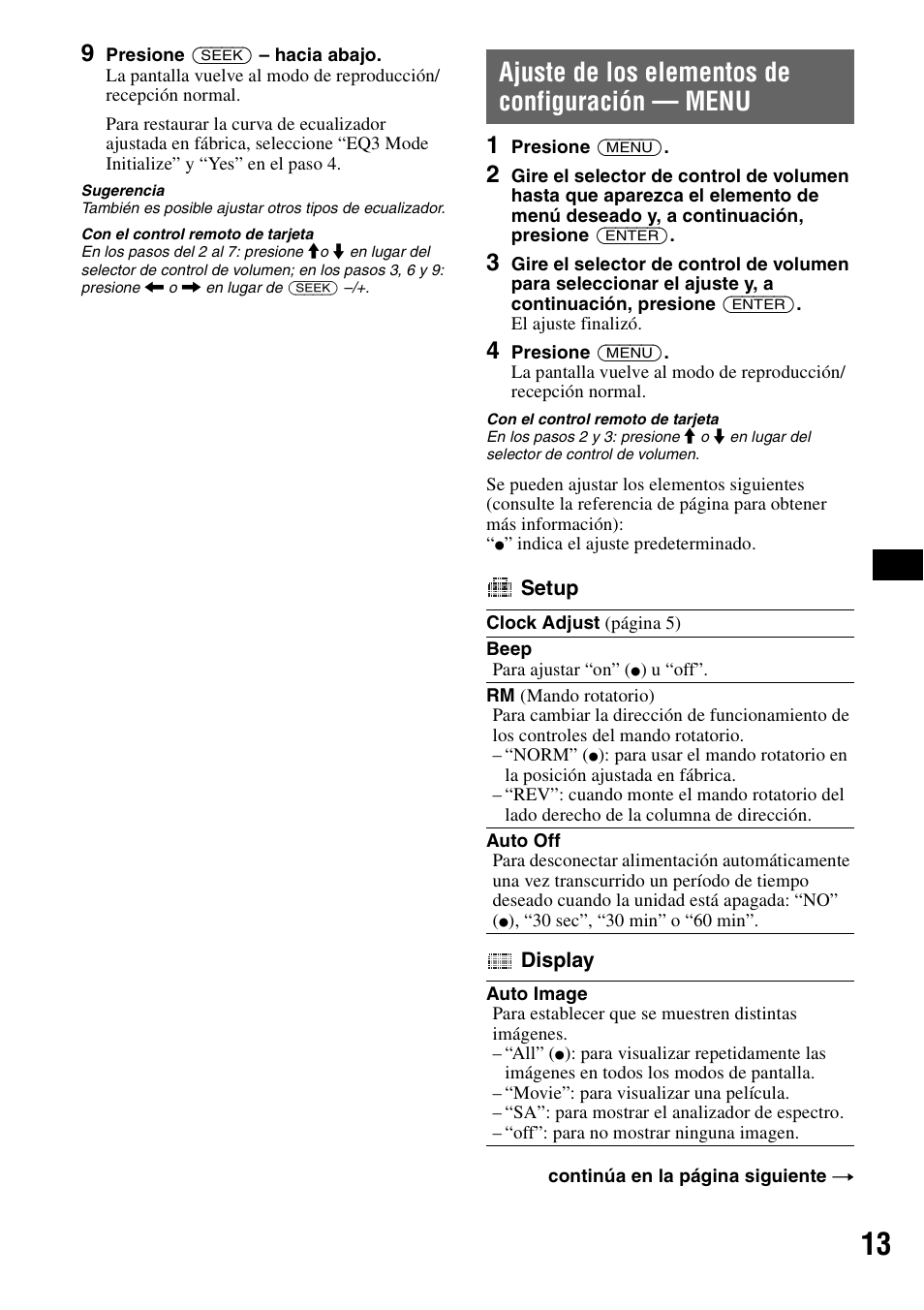 Ajuste de los elementos de configuración - menu, Ajuste de los elementos de configuración — menu | Sony CDX-GT71W User Manual | Page 33 / 44