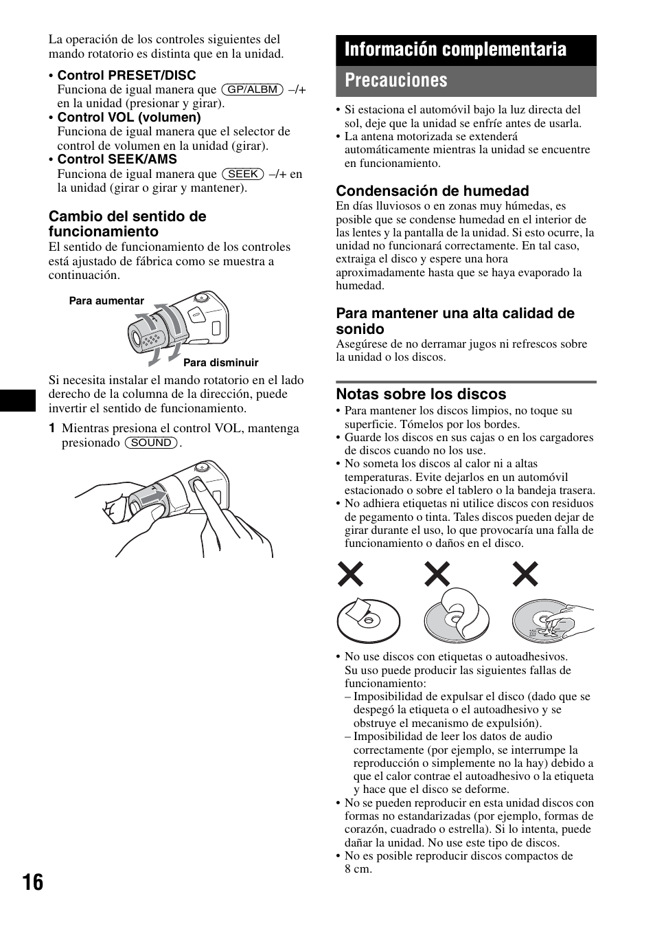 Información complementaria, Precauciones, Notas sobre los discos | Información complementaria precauciones | Sony CDX-GT71W User Manual | Page 36 / 44