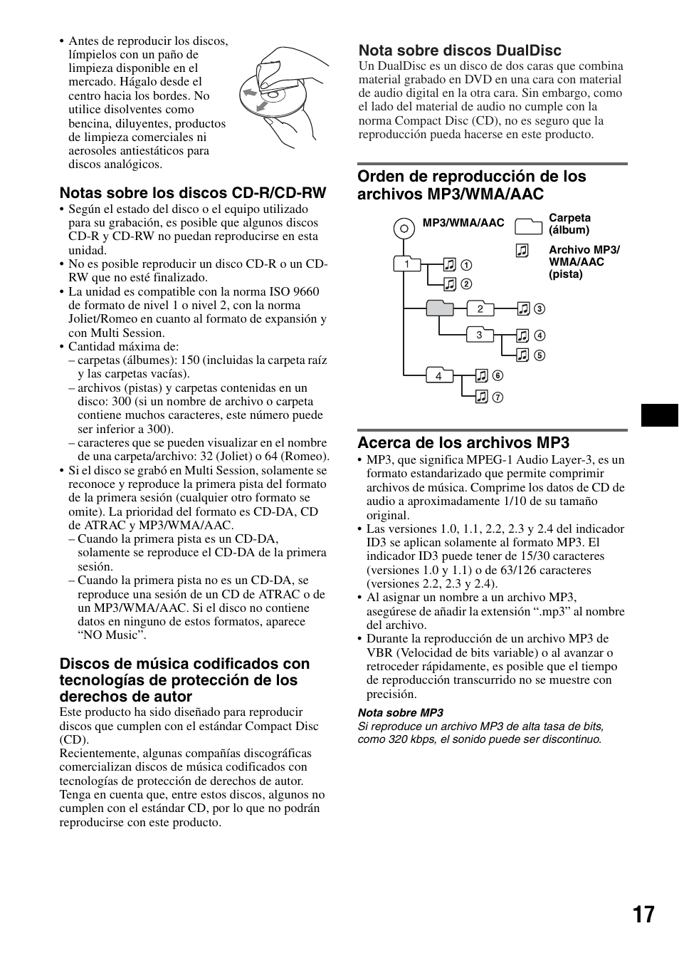 Orden de reproducción de los archivos mp3/wma/aac, Acerca de los archivos mp3 | Sony CDX-GT71W User Manual | Page 37 / 44