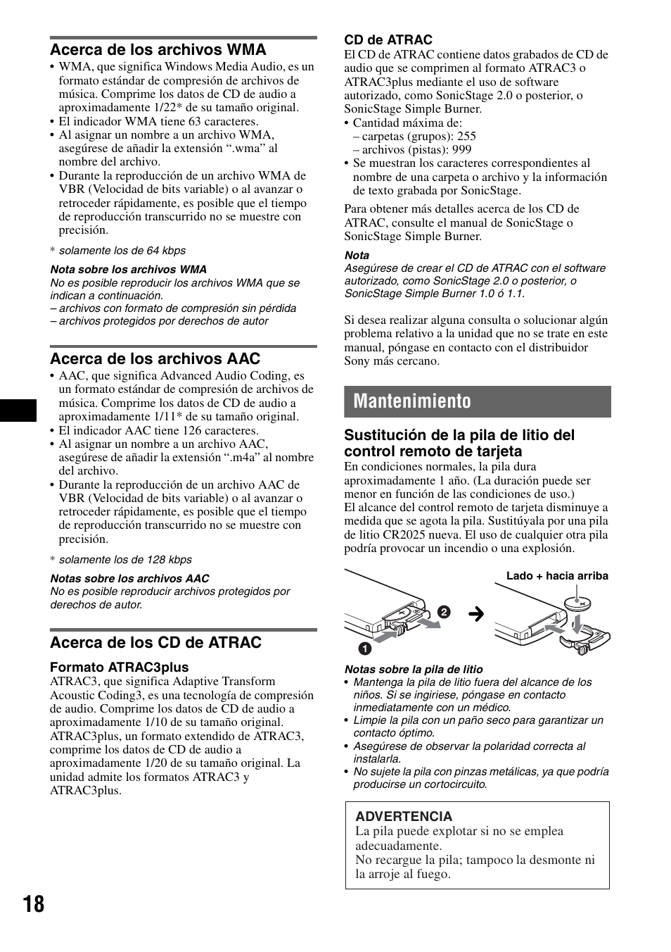 Acerca de los archivos wma, Acerca de los archivos aac, Acerca de los cd de atrac | Mantenimiento | Sony CDX-GT71W User Manual | Page 38 / 44