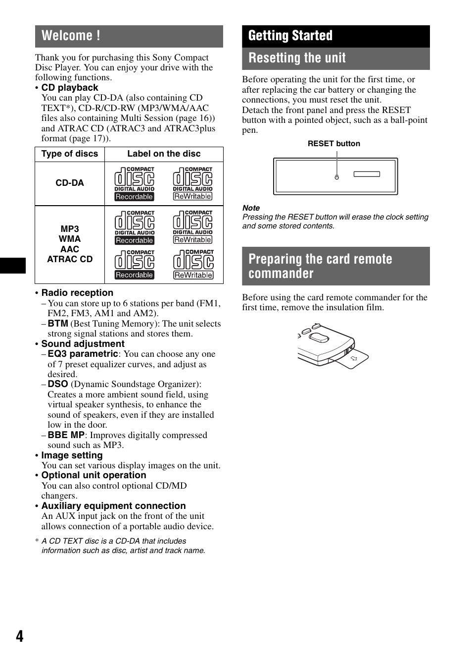 Welcome, Getting started, Resetting the unit | Preparing the card remote commander, Getting started resetting the unit | Sony CDX-GT71W User Manual | Page 4 / 44