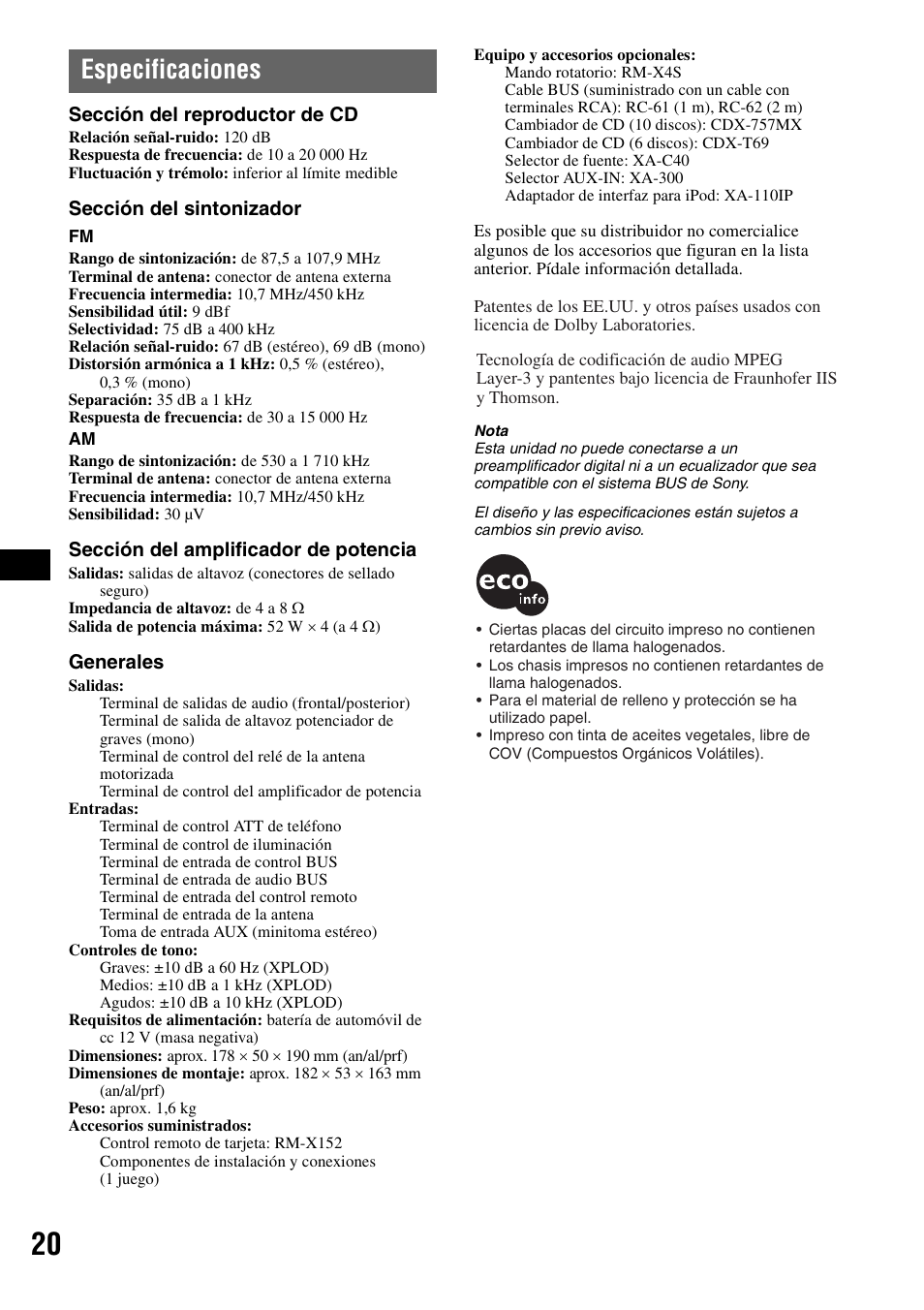 Especificaciones | Sony CDX-GT71W User Manual | Page 40 / 44