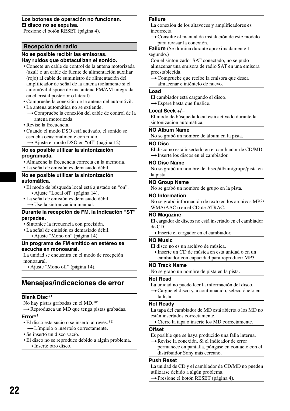 Mensajes/indicaciones de error | Sony CDX-GT71W User Manual | Page 42 / 44