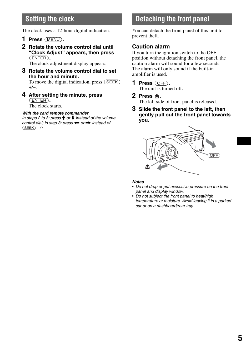 Setting the clock, Detaching the front panel, Setting the clock detaching the front panel | Sony CDX-GT71W User Manual | Page 5 / 44