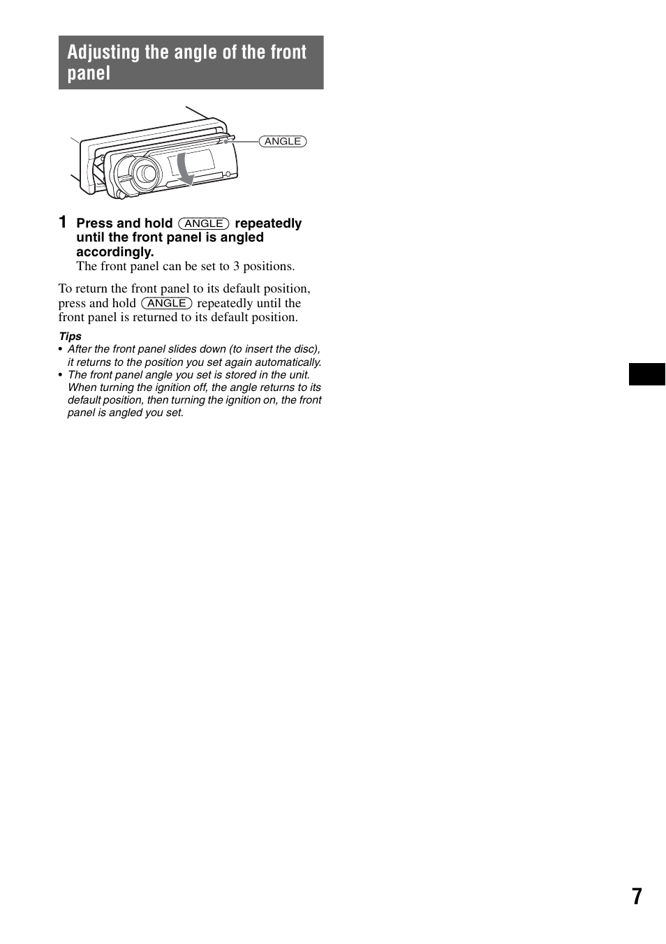 Adjusting the angle of the front panel | Sony CDX-GT71W User Manual | Page 7 / 44