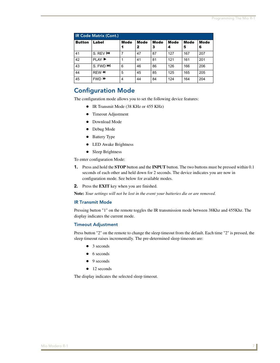 Configuration mode, Ir transmit mode, Timeout adjustment | AMX Mio Modero R-1 User Manual | Page 13 / 22