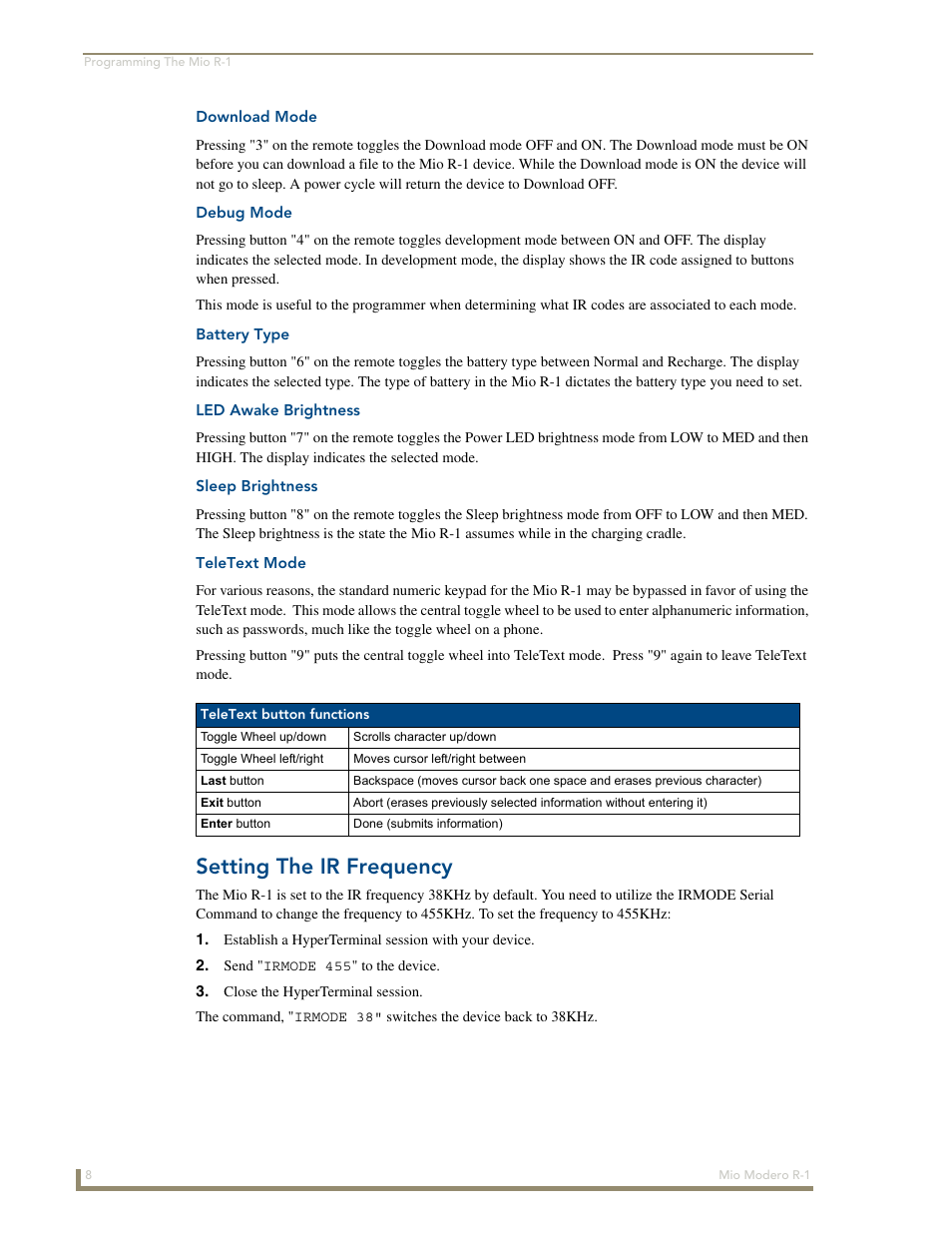 Download mode, Debug mode, Battery type | Led awake brightness, Sleep brightness, Teletext mode, Setting the ir frequency | AMX Mio Modero R-1 User Manual | Page 14 / 22