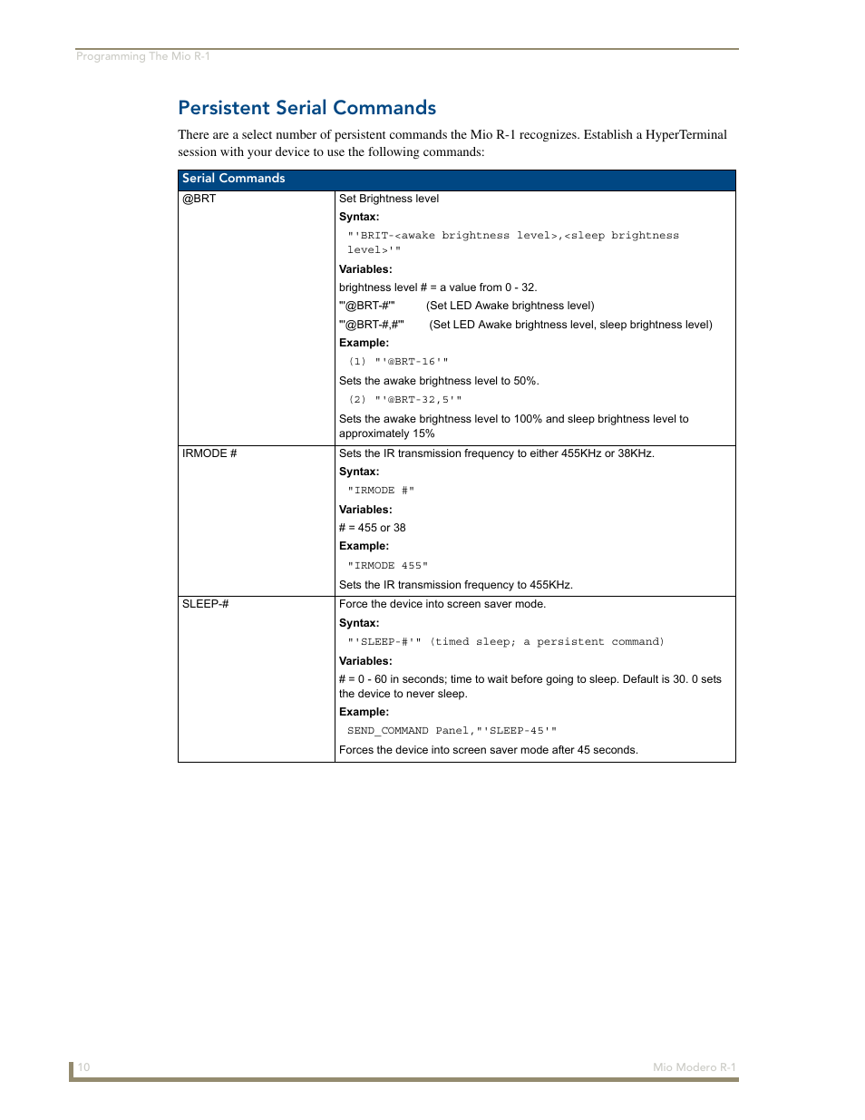 Persistent serial commands | AMX Mio Modero R-1 User Manual | Page 16 / 22