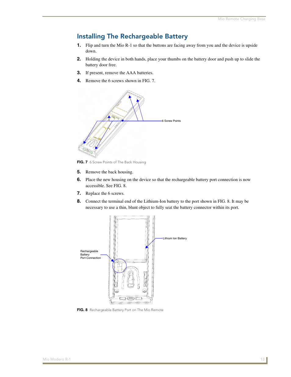 Installing the rechargeable battery | AMX Mio Modero R-1 User Manual | Page 19 / 22