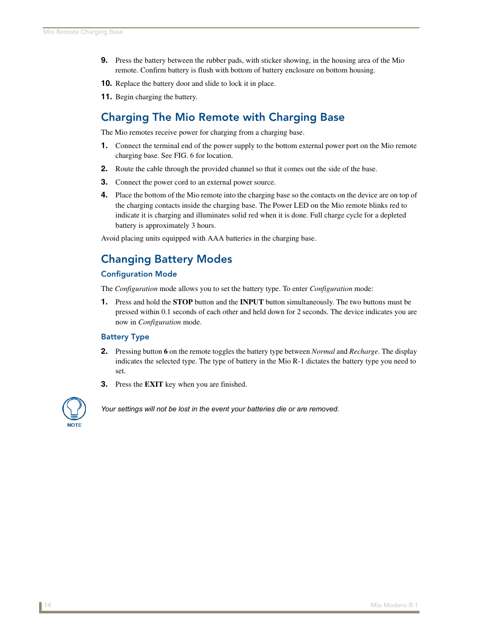 Charging the mio remote with charging base, Changing battery modes, Configuration mode | Battery type | AMX Mio Modero R-1 User Manual | Page 20 / 22