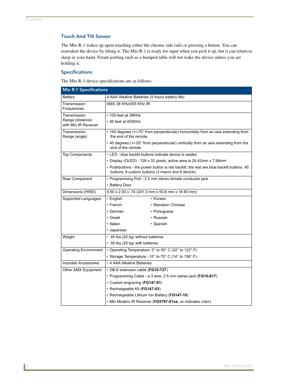 Touch and tilt sensor, Specifications | AMX Mio Modero R-1 User Manual | Page 8 / 22