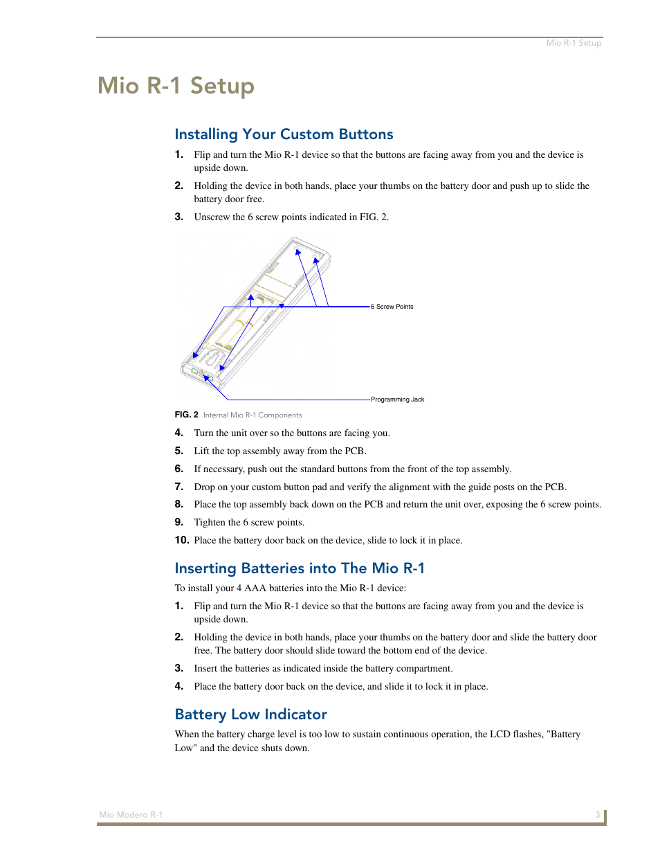 Mio r-1 setup, Installing your custom buttons, Inserting batteries into the mio r-1 | Battery low indicator | AMX Mio Modero R-1 User Manual | Page 9 / 22