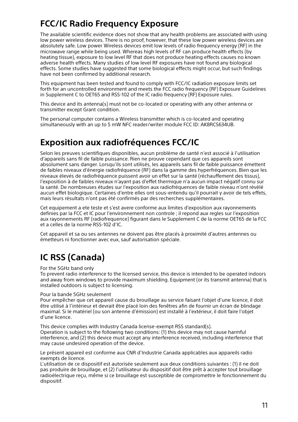 Fcc/ic radio frequency exposure, Exposition aux radiofréquences fcc/ic, Ic rss (canada) | Sony SVD11215CYB User Manual | Page 11 / 32
