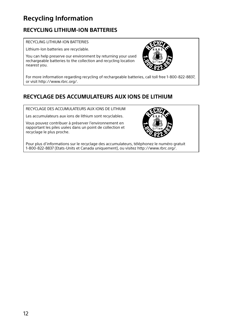 Recycling information, Recycling lithium-ion batteries, Recyclage des accumulateurs aux ions de lithium | Sony SVD11215CYB User Manual | Page 12 / 32
