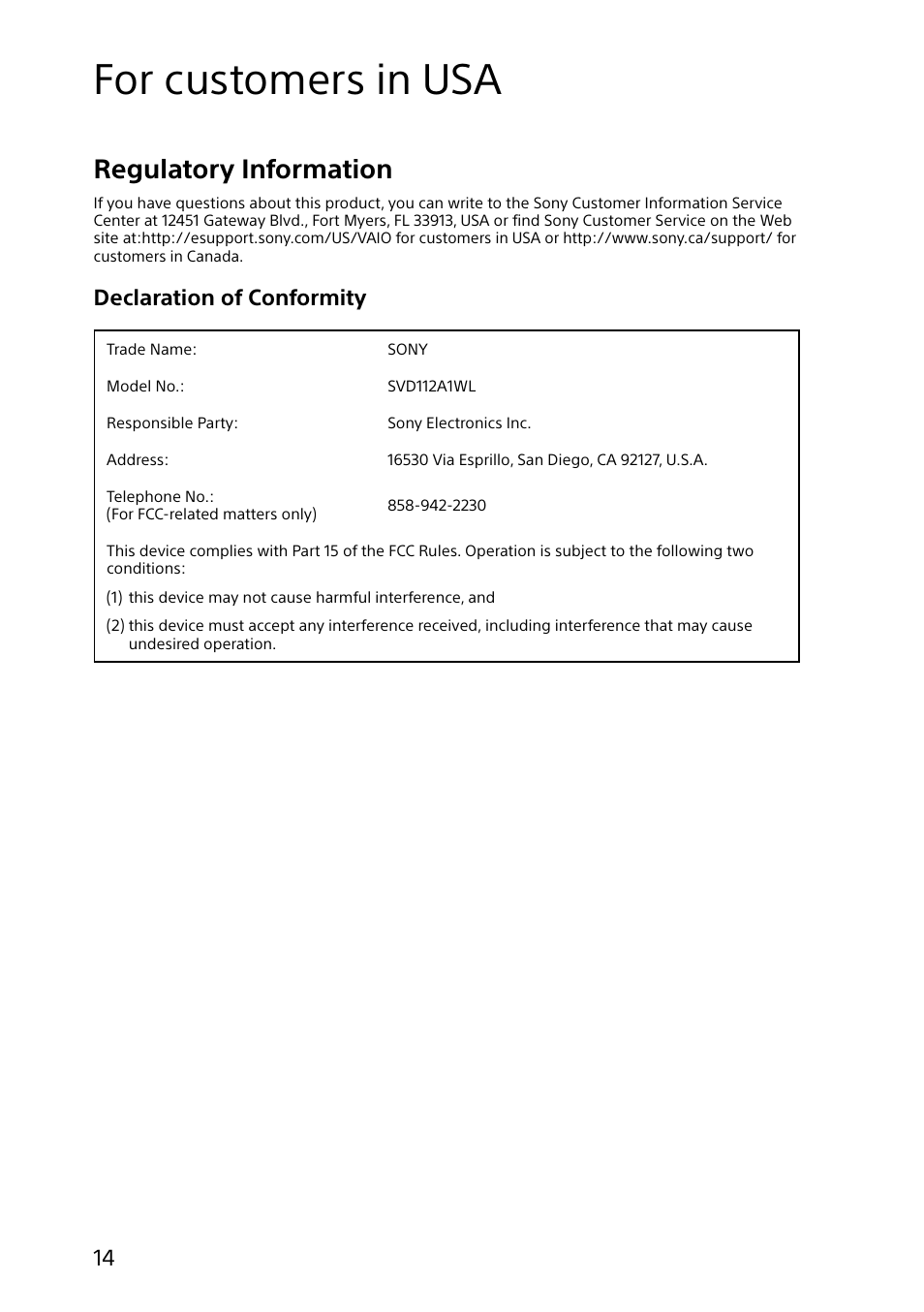 For customers in usa, Regulatory information, Declaration of conformity | Sony SVD11215CYB User Manual | Page 14 / 32