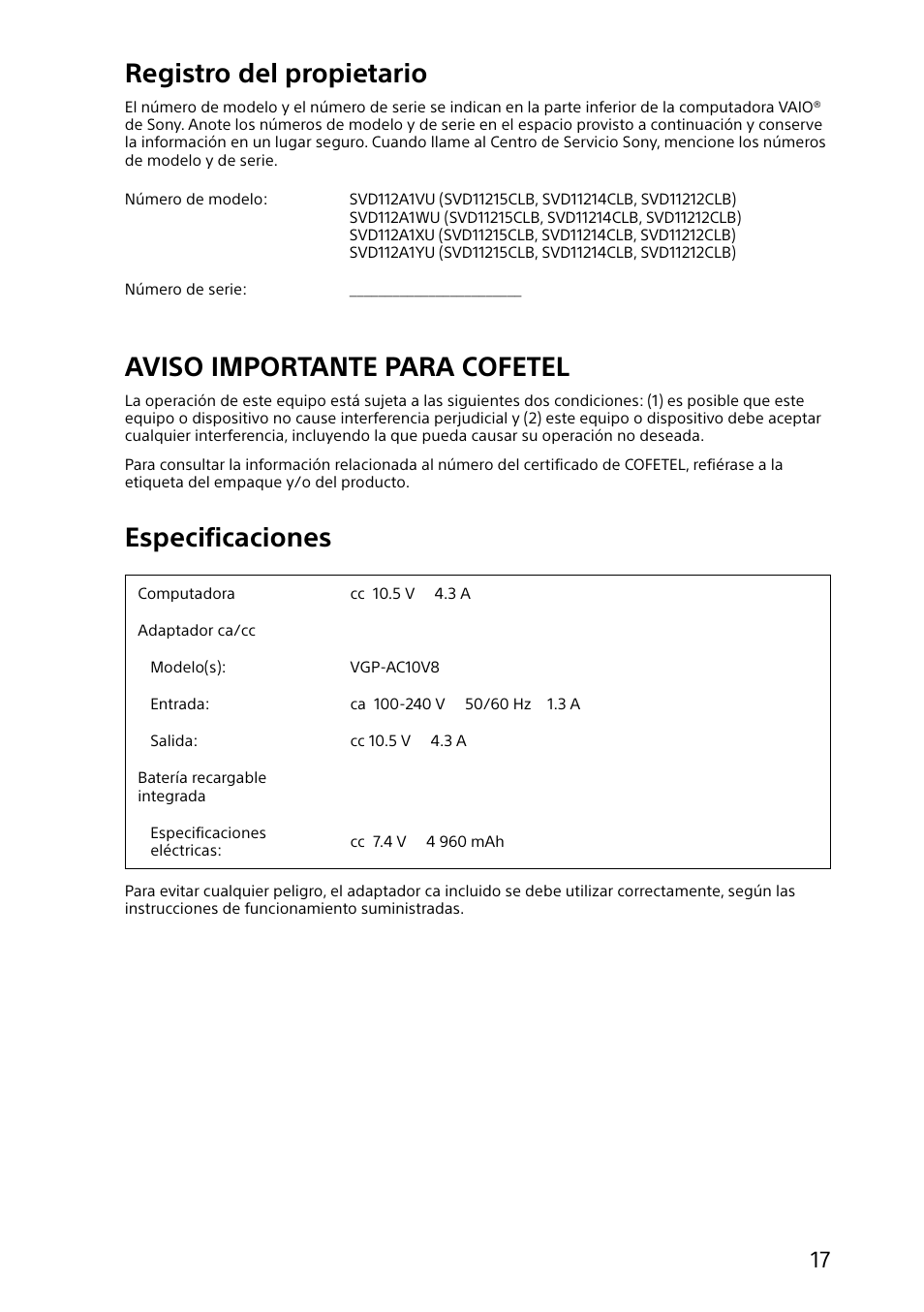 Registro del propietario, Aviso importante para cofetel, Especificaciones | Sony SVD11215CYB User Manual | Page 17 / 32