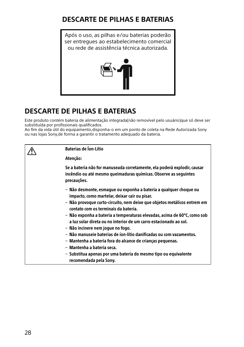 Descarte de pilhas e baterias | Sony SVD11215CYB User Manual | Page 28 / 32