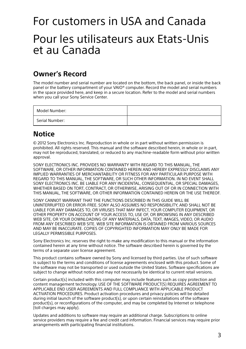 Owner’s record, Notice | Sony SVD11215CYB User Manual | Page 3 / 32
