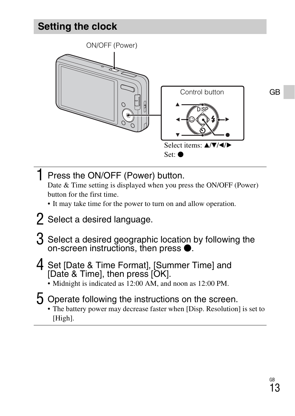 Setting the clock | Sony DSC-W690 User Manual | Page 13 / 48