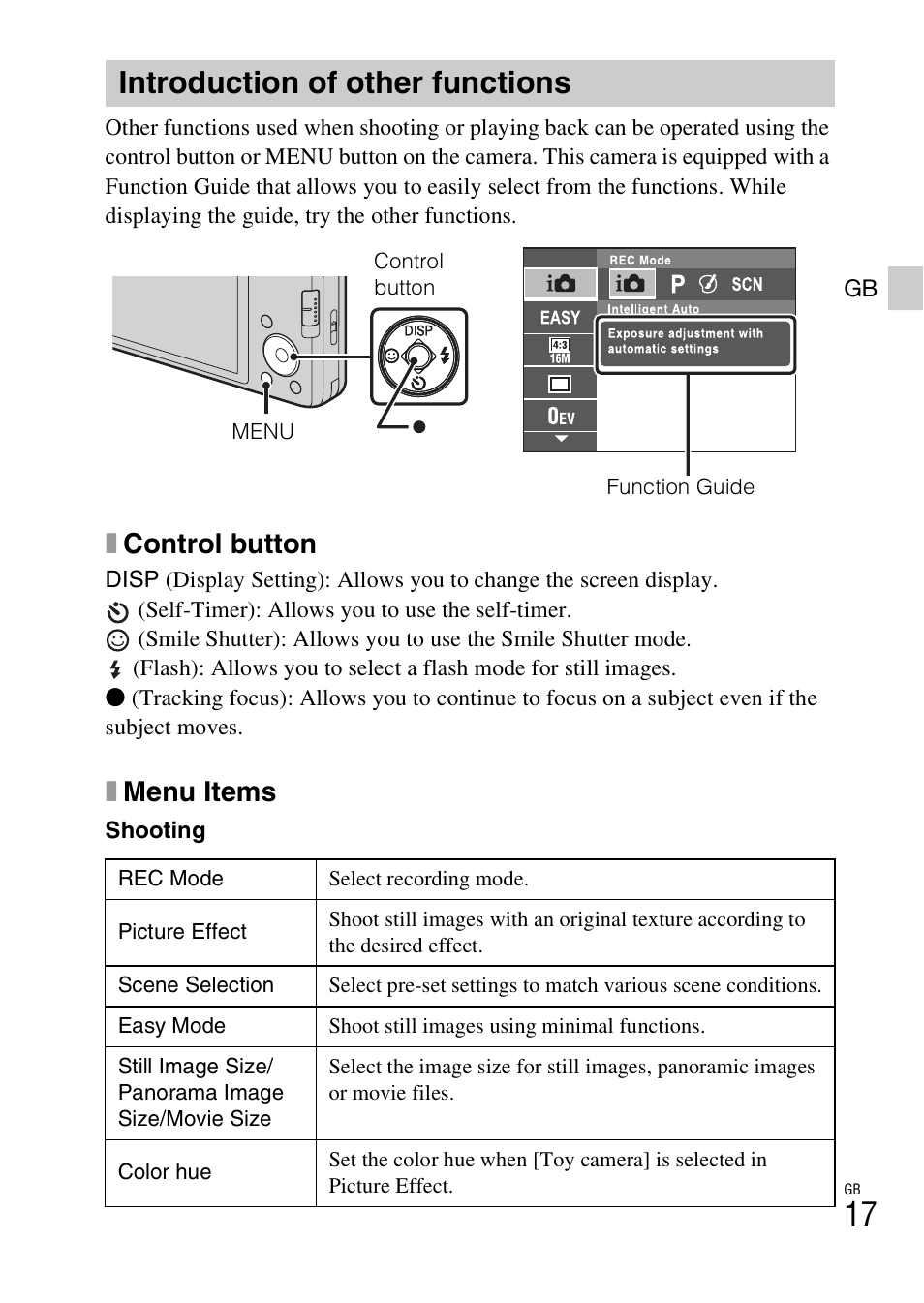 Introduction of other functions, Xcontrol button, Xmenu items | Sony DSC-W690 User Manual | Page 17 / 48