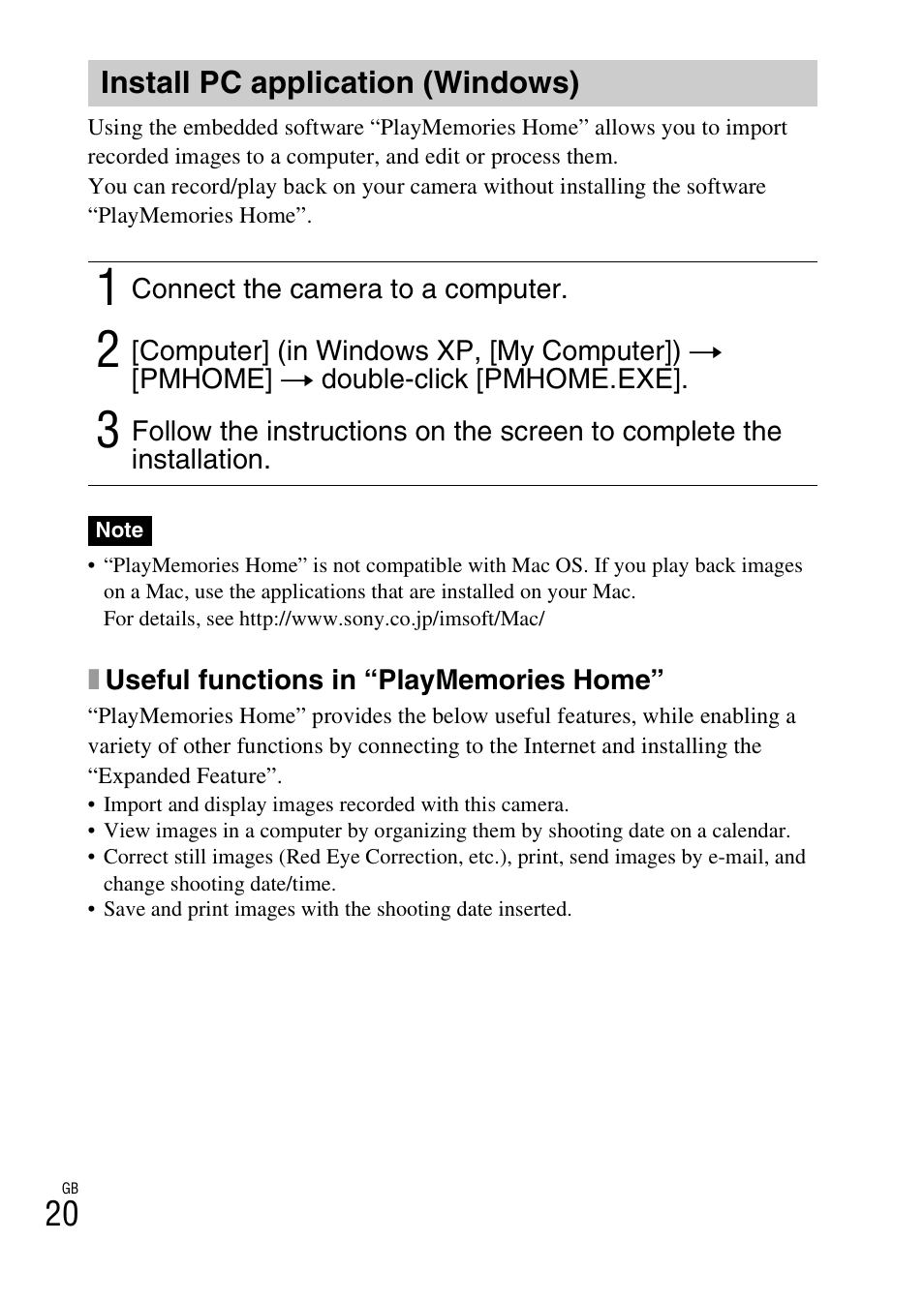 Install pc application (windows) | Sony DSC-W690 User Manual | Page 20 / 48