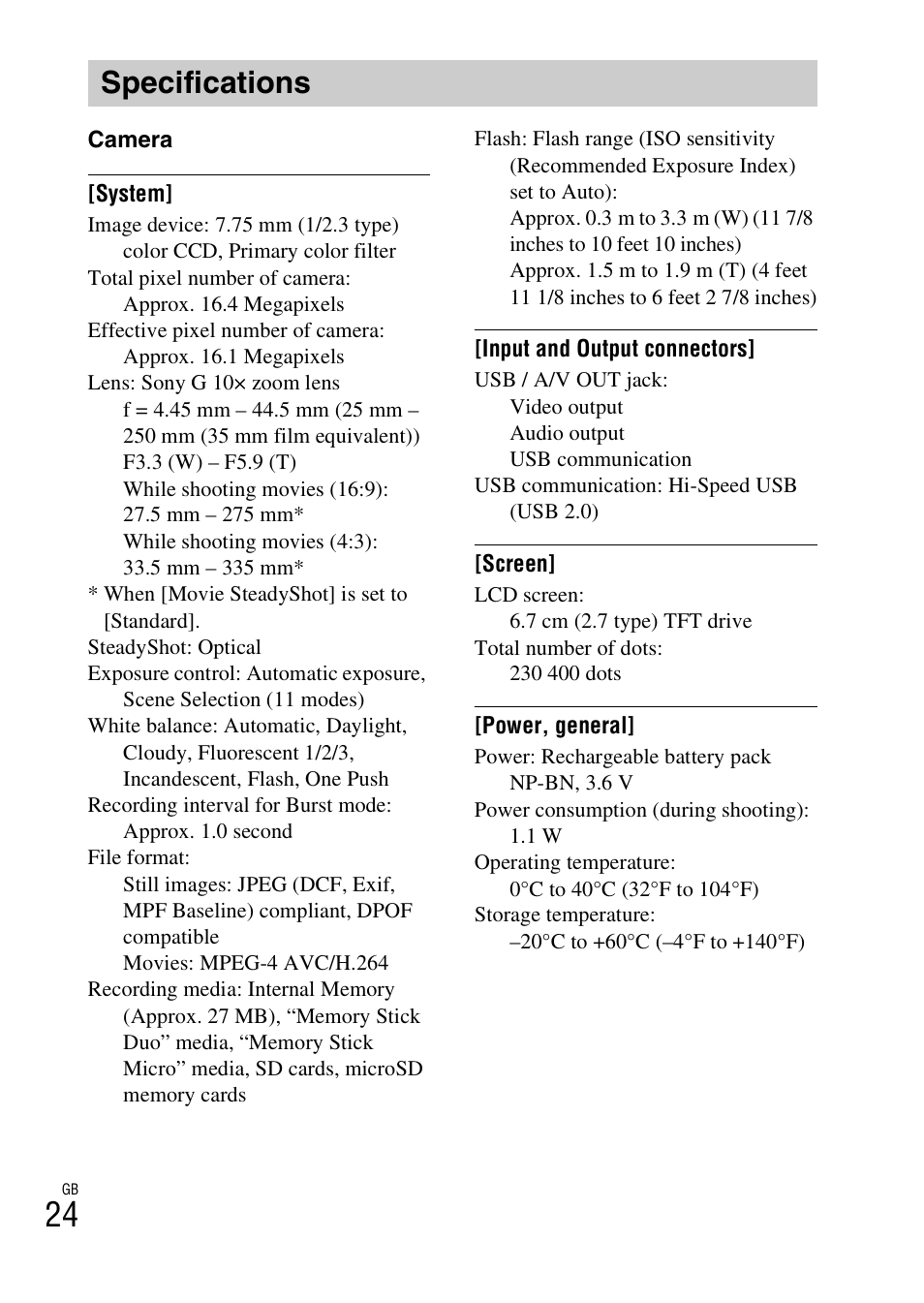 Specifications | Sony DSC-W690 User Manual | Page 24 / 48