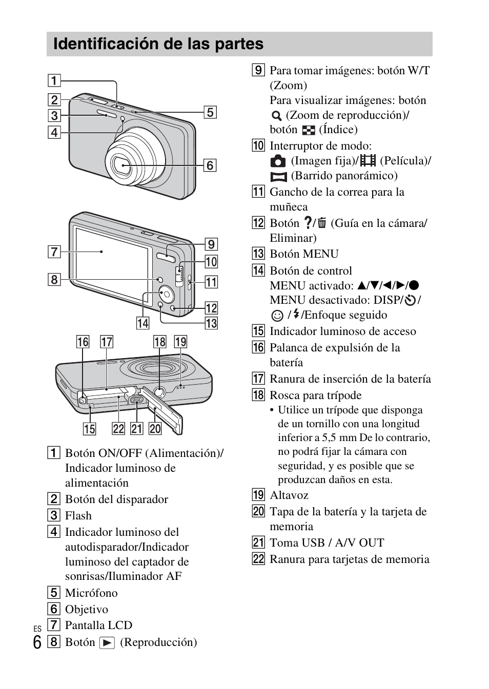 Identificación de las partes | Sony DSC-W690 User Manual | Page 30 / 48