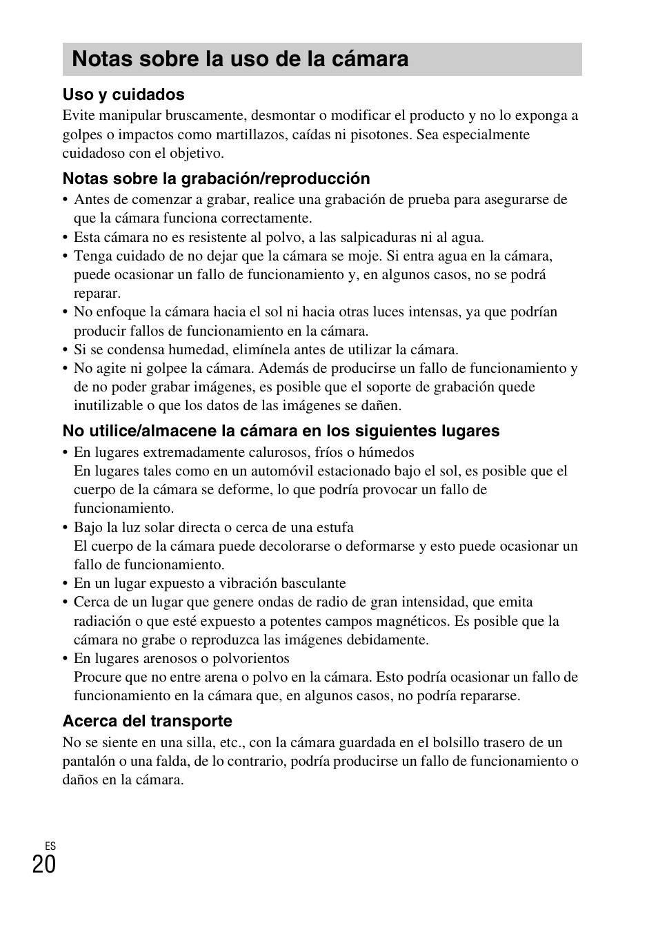 Notas sobre la uso de la cámara | Sony DSC-W690 User Manual | Page 44 / 48