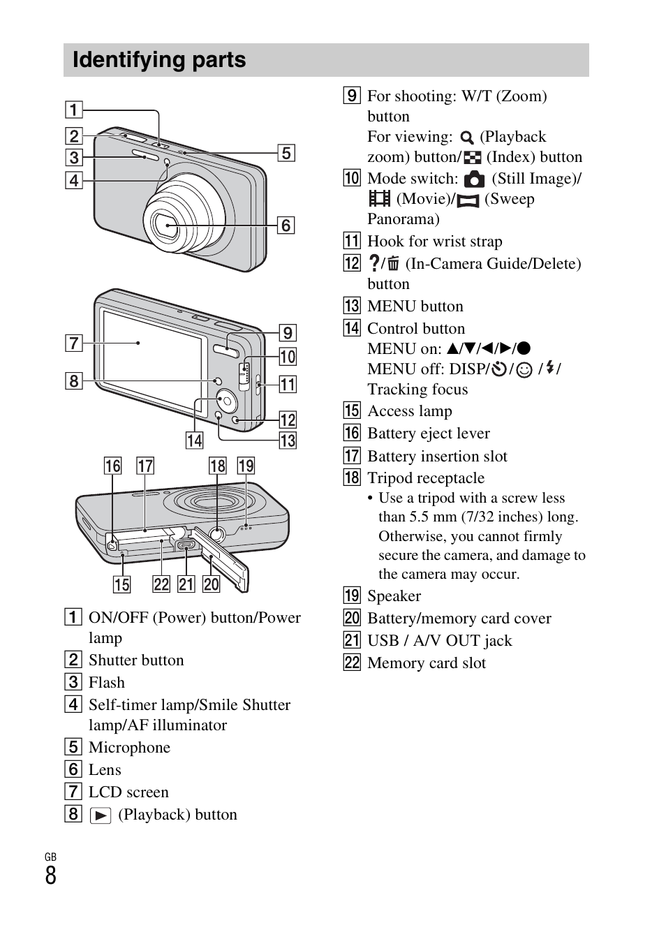 Identifying parts | Sony DSC-W690 User Manual | Page 8 / 48