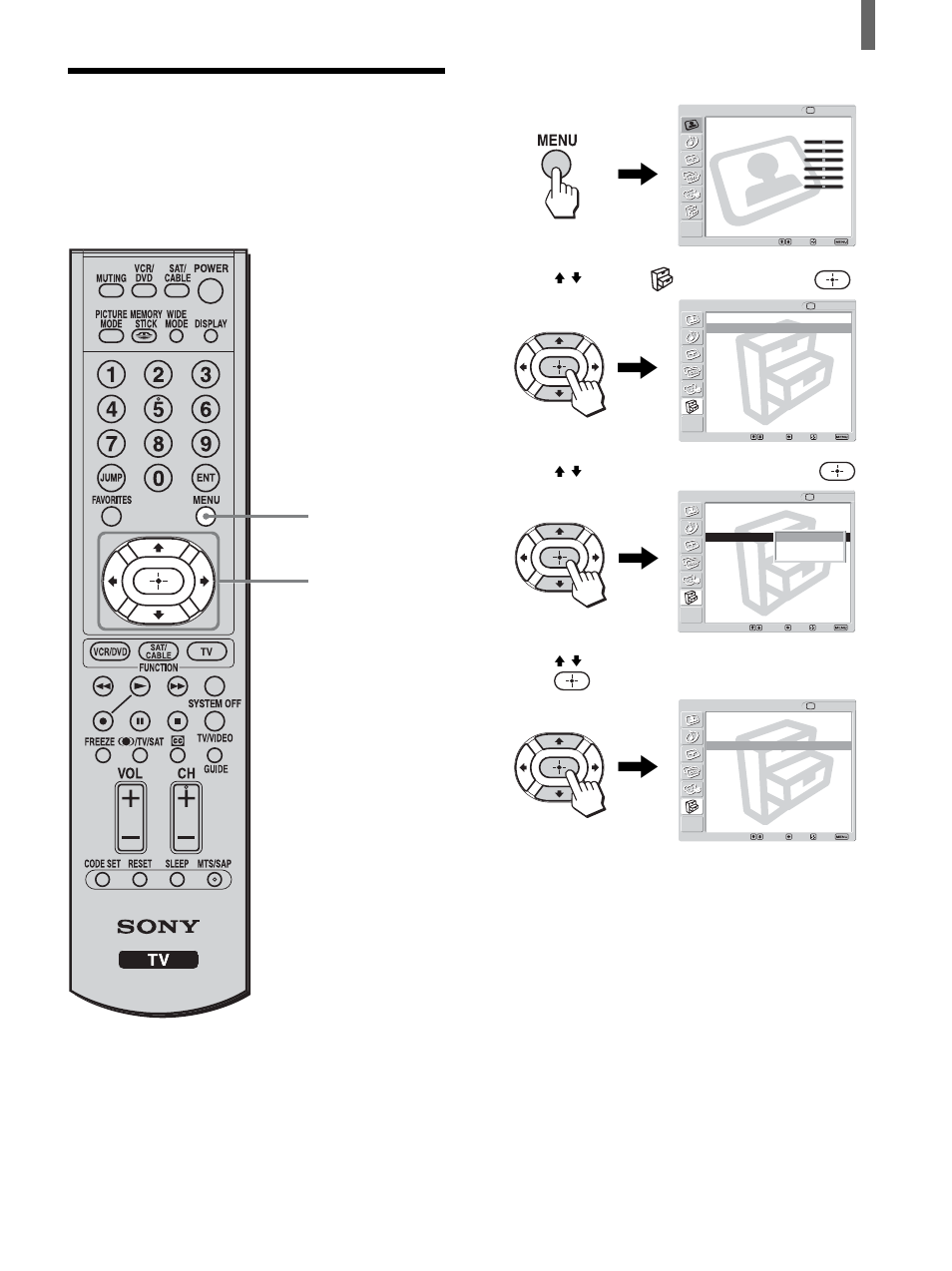 2 - 4 1, 5 selecting the on-screen menu language, Press menu, Press v/v to select (setup), then press | Press v/v to select “language,” then press, Press menu to exit the menu screen | Sony KLV-26HG2 User Manual | Page 23 / 84