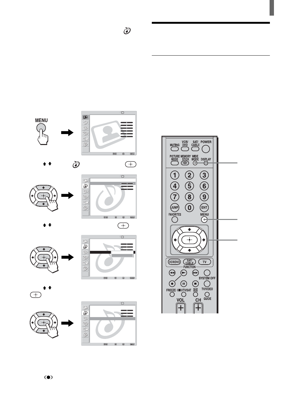 Using the wide screen mode, Changing the wide screen mode, Press menu | Press v/v to select (audio), then press, Press v/v to select “effect,” then press, Press v/v to select “srs wow,” then press, Press menu to exit the menu screen, Continued) | Sony KLV-26HG2 User Manual | Page 27 / 84