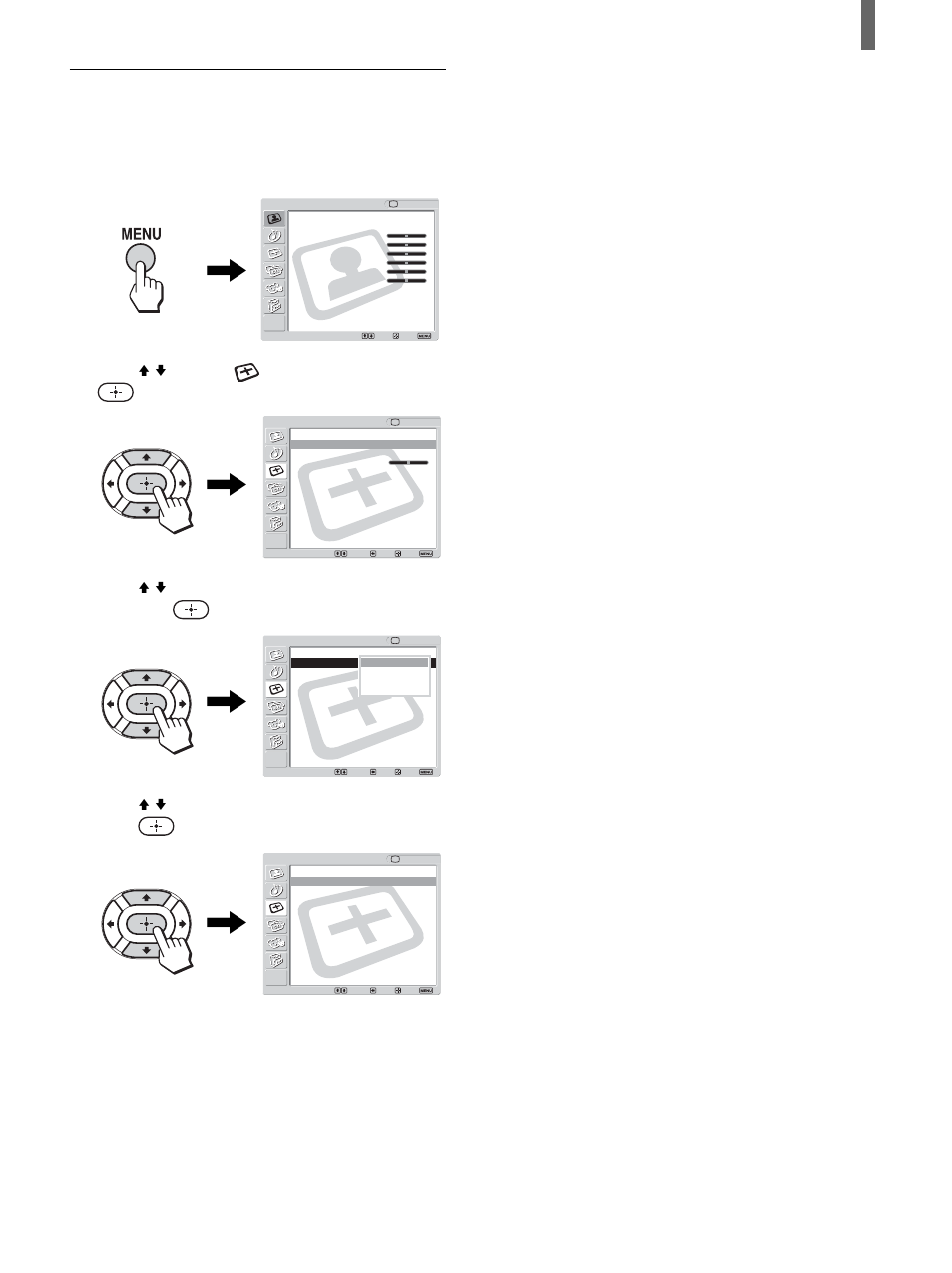 Changing the wide screen mode using the menu, Press menu, Press v/v to select (screen), then press | Press menu to exit the menu screen, Continued) | Sony KLV-26HG2 User Manual | Page 29 / 84