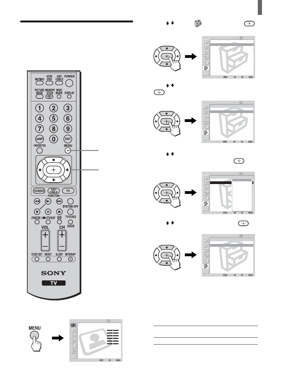 Using the video label feature, Press menu, Press v/v to select (setup), then press | Press v/v to select “video label,” then press, Press v/v to select the label, then press, Press menu to exit the menu screen | Sony KLV-26HG2 User Manual | Page 33 / 84